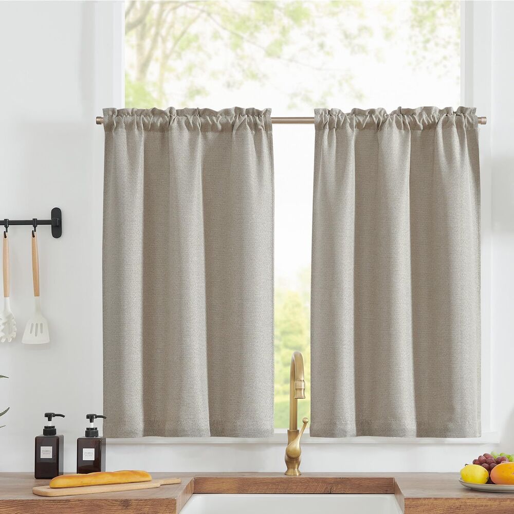 Set of 2 Curtain Panels, 25"W x 36"L Beige Faux Linen Tier Curtains, Rod Pocket